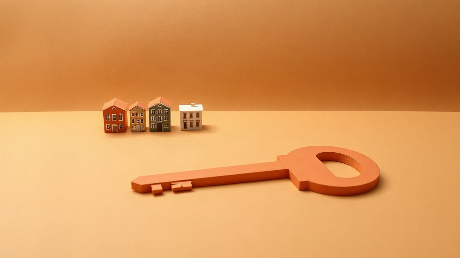 A row of small paper building models with a large key lying beside them