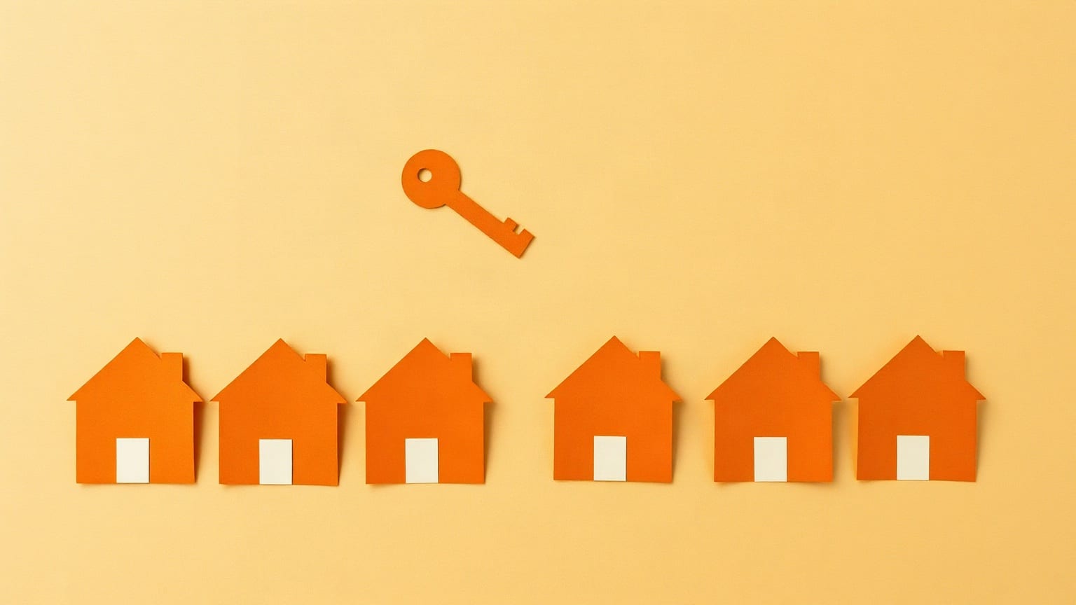A row of small terracotta paper houses on a warm sand ground with a cream key shape resting across them