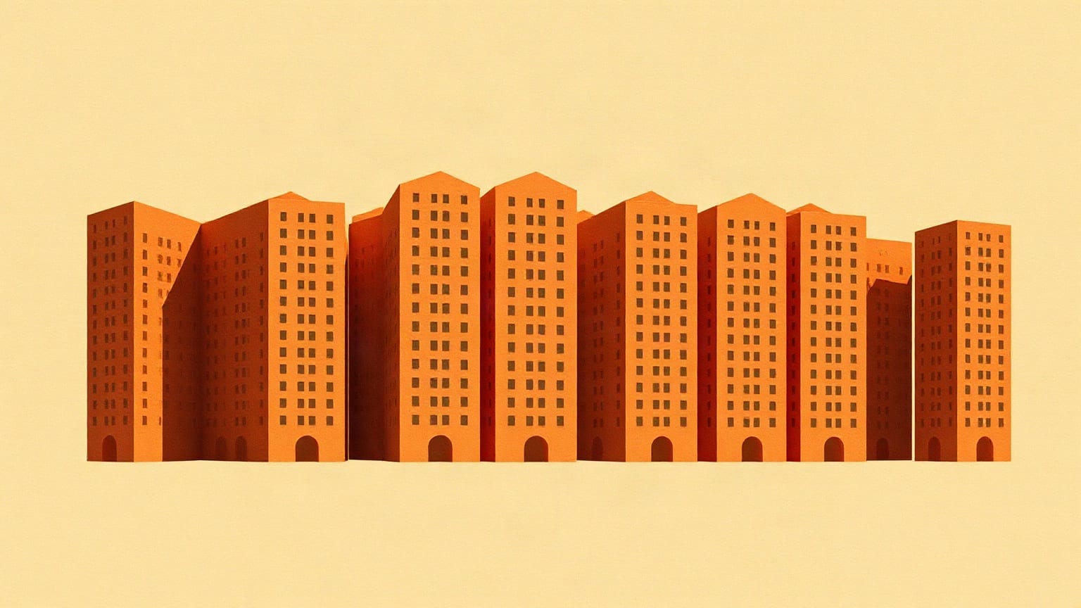A close row of orange residential towers of differing heights against pale sand