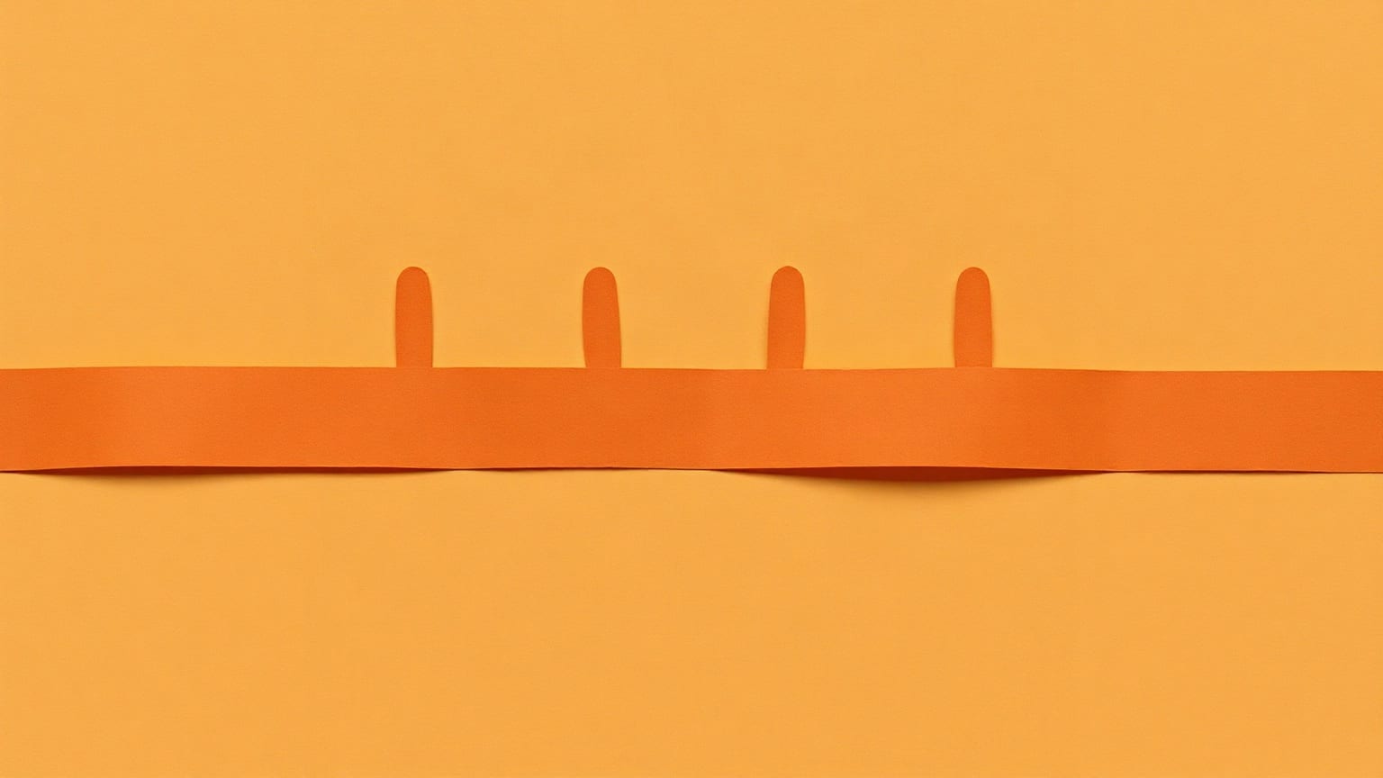 A wide terracotta paper band on a warm sand ground with four burnt-orange fingers extending from it, a small cream marker at the widest point