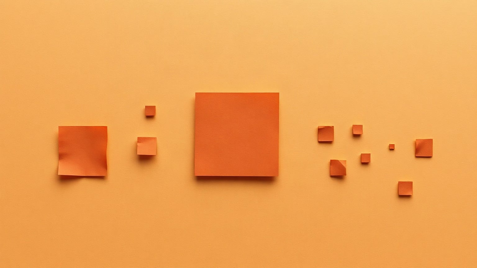 A single tall terracotta paper rectangle standing well clear of a row of shorter burnt orange ones on a sand ground